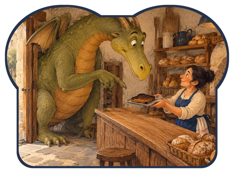 Roque el dragón asoma la cabeza en la panadería de Inés