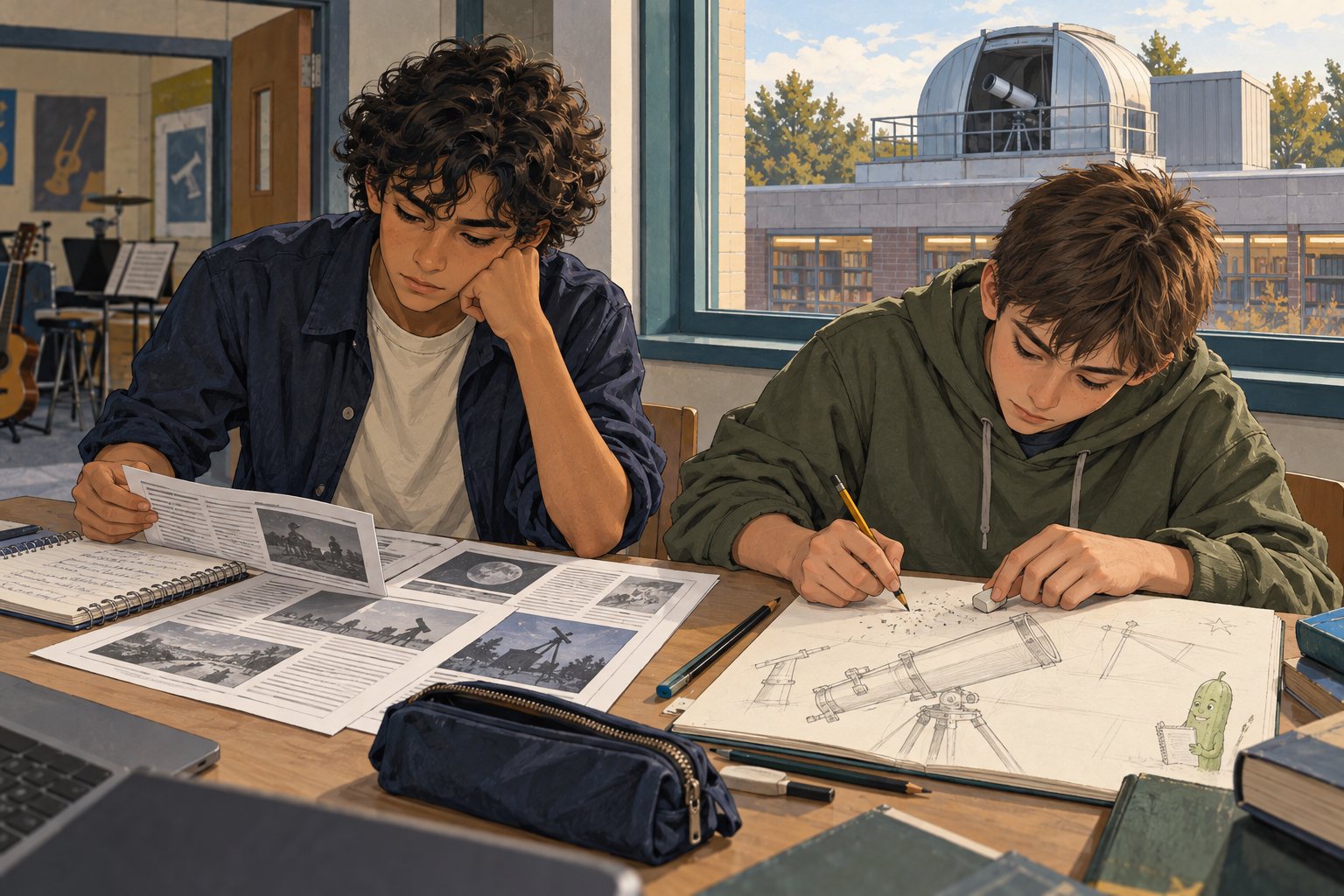 Mateo revisa una noticia y Bruno corrige un dibujo de un telescopio.