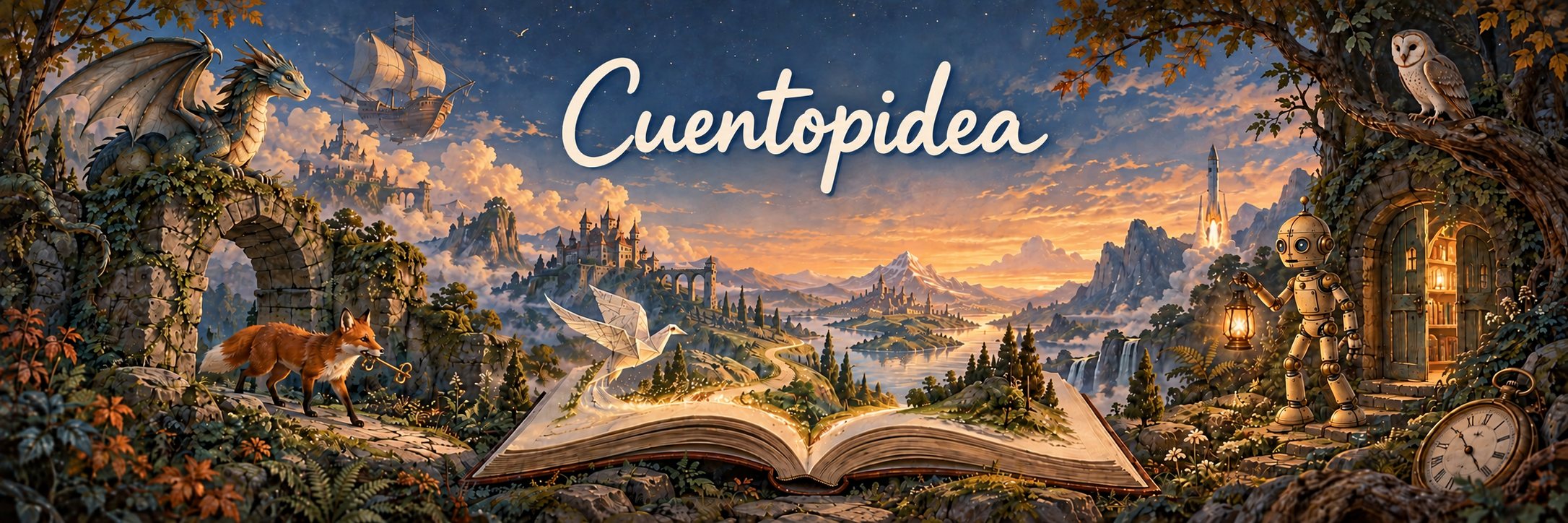 Cuentopidea: un libro abierto del que sale un camino hacia castillos, con un barco volador, un dragón, un zorro con una llave y un robot con un farol